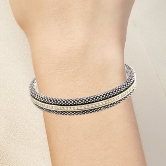 LAGOS DIAMOND 1.02 CTW 18K YELLOW GOLD & STERLING SILVER  HINGED BANGLE BRACELET - Picture 11 of 11